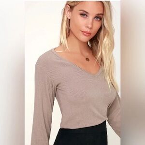 Project Social T Ribbed V-Neck Long Sleeve Top – Taupe | Size M